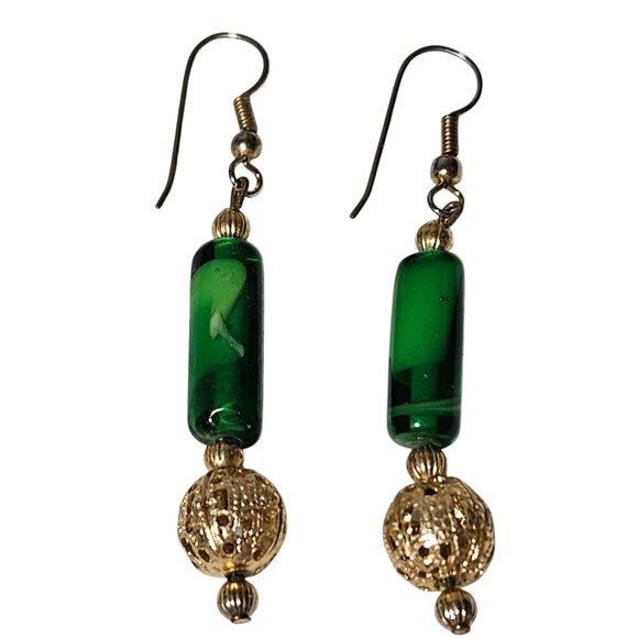 Elegant Retro Green Glass Gold Tone Filigree Bead Drop Earrings Fashion Jewelry - Picture 1 of 4